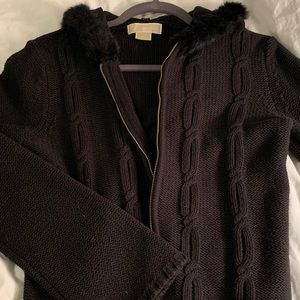 Black cardigan with faux fur lined hood. Fancy/fun